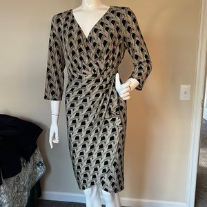 White House Black Market geo-pattern black dress. Size 14P